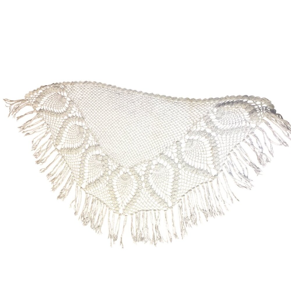 Vintage Pineapple Crochet Shawl Fringe Wrap Ivory Boho Festival One Size - Picture 9 of 16